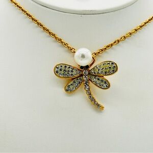 Dragonfly and Simulated Pearl Necklace; Stainless Steel; 20 inch Length